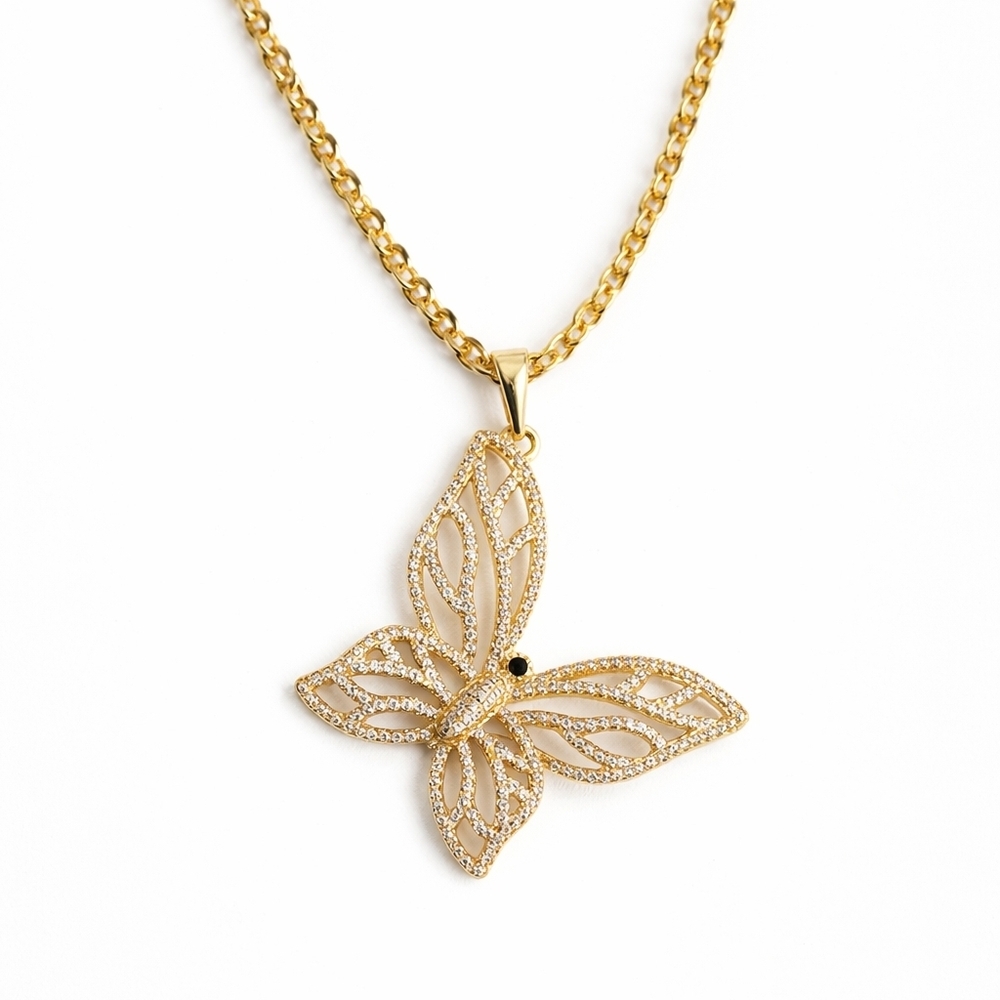 Gold Plated Butterfly Necklace Chain CZ Pendant Elegant Dainty - Picture 2 of 5